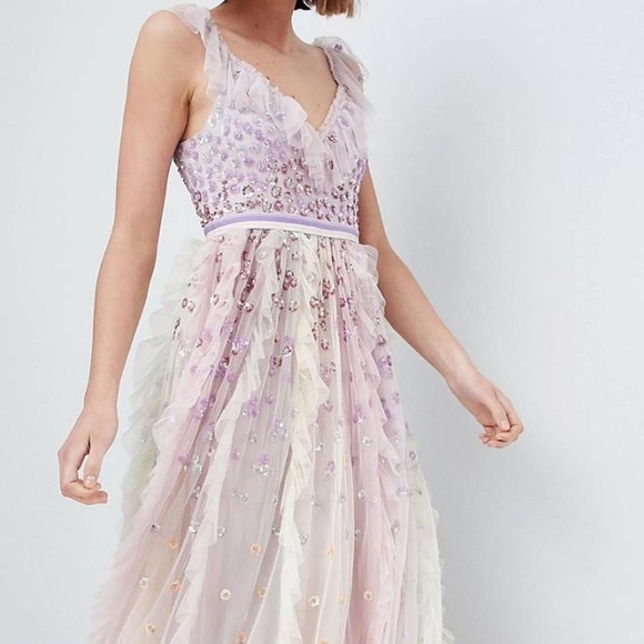 needle & thread embroidered tulle midi dress with cap sleeve in lavender